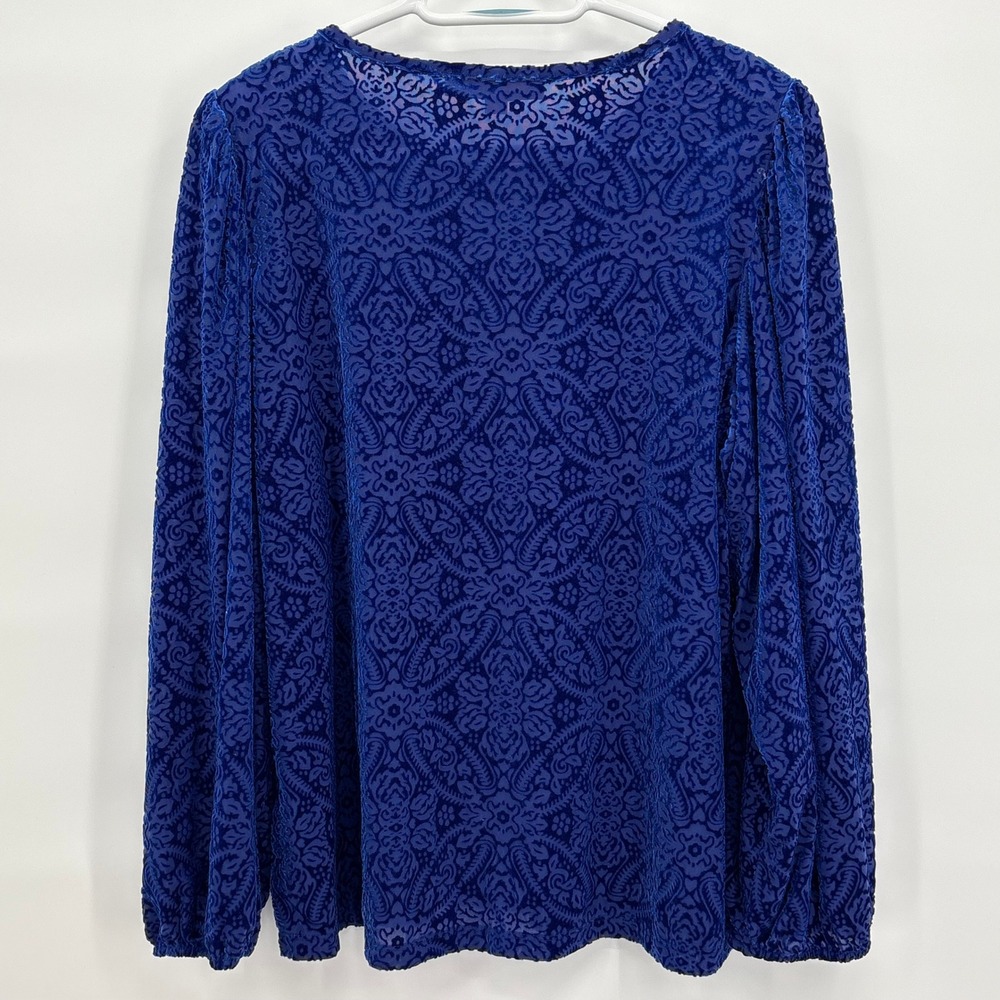 LOFT Royal Blue Velvet Burnout Damask Balloon Sleeve Blouse Top Large - Picture 4 of 11